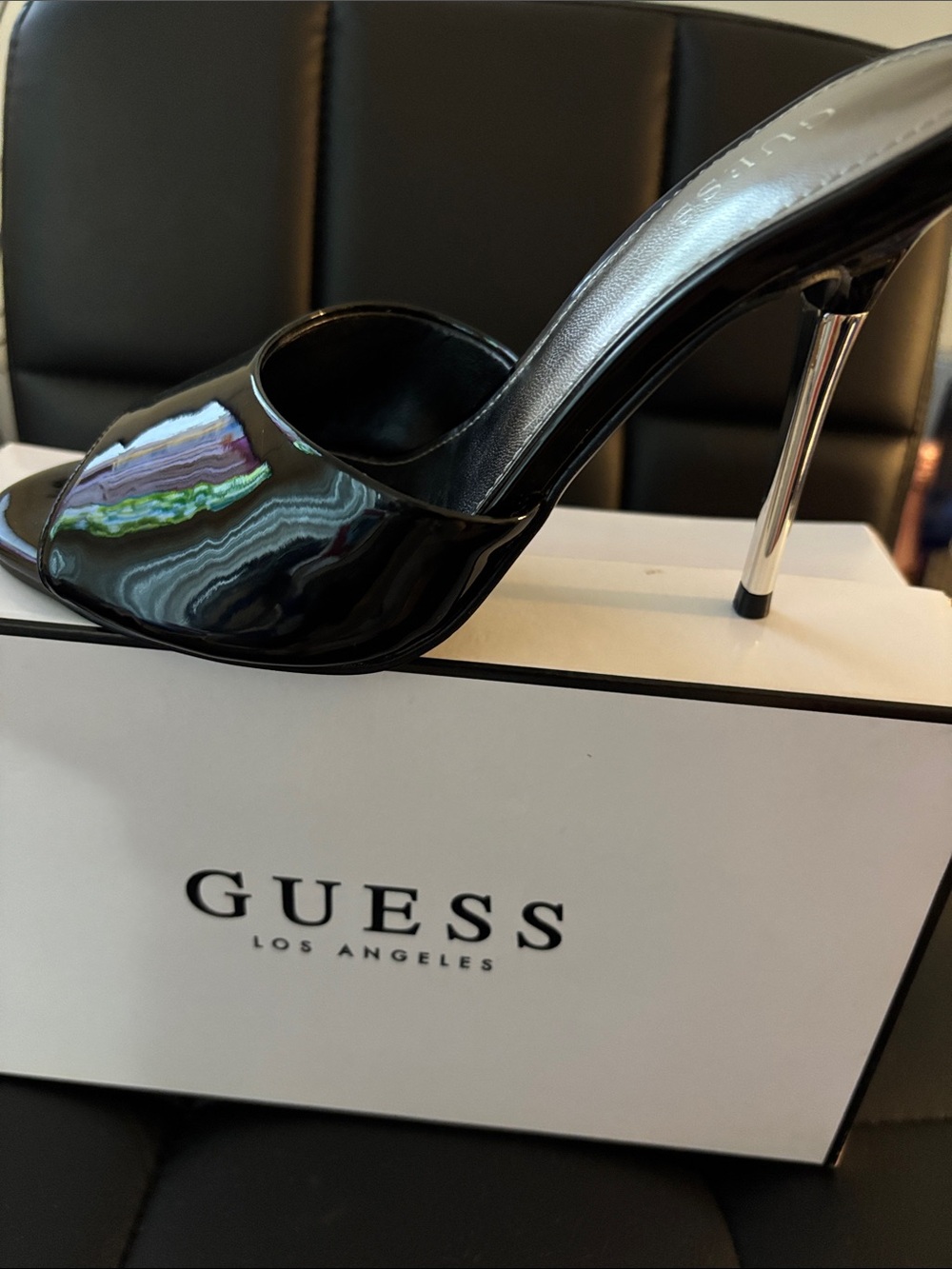 GUESS Black Patent Open-Toe Stiletto Mule